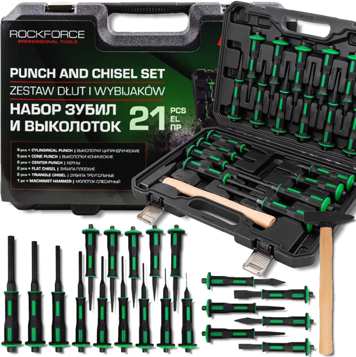 Rockforce RF-5211K - Gereedschapskoffer - 21-delige Set - Gehard Staal - Ergonomische Walviskeuze