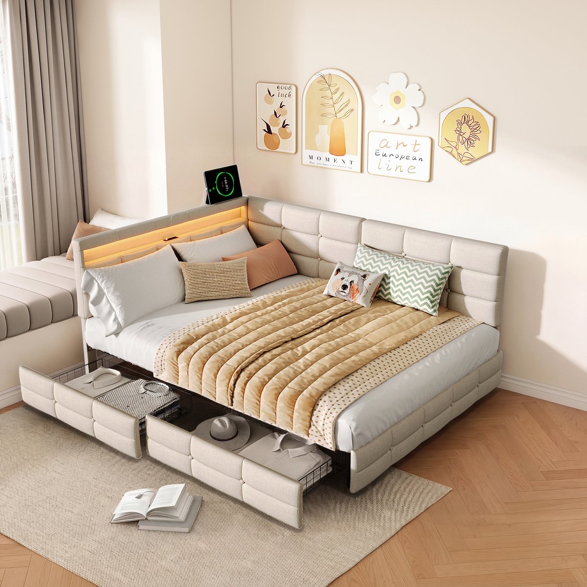 Solvenrik Gestoffeerd L-vormig Bedframe met LED Hoofdbord, USB & USB-C – Met Opberglades op Wieltjes – 140x190 cm – Beige