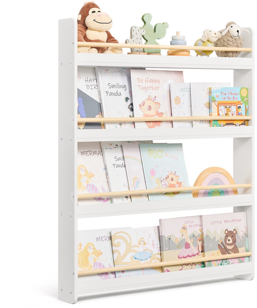 Songmics Kinderboekenkast - Kinderboekenrek - Met 4 Niveaus - Speelgoedrek - Voor Kinderkamer Speelkamer Wit-naturel