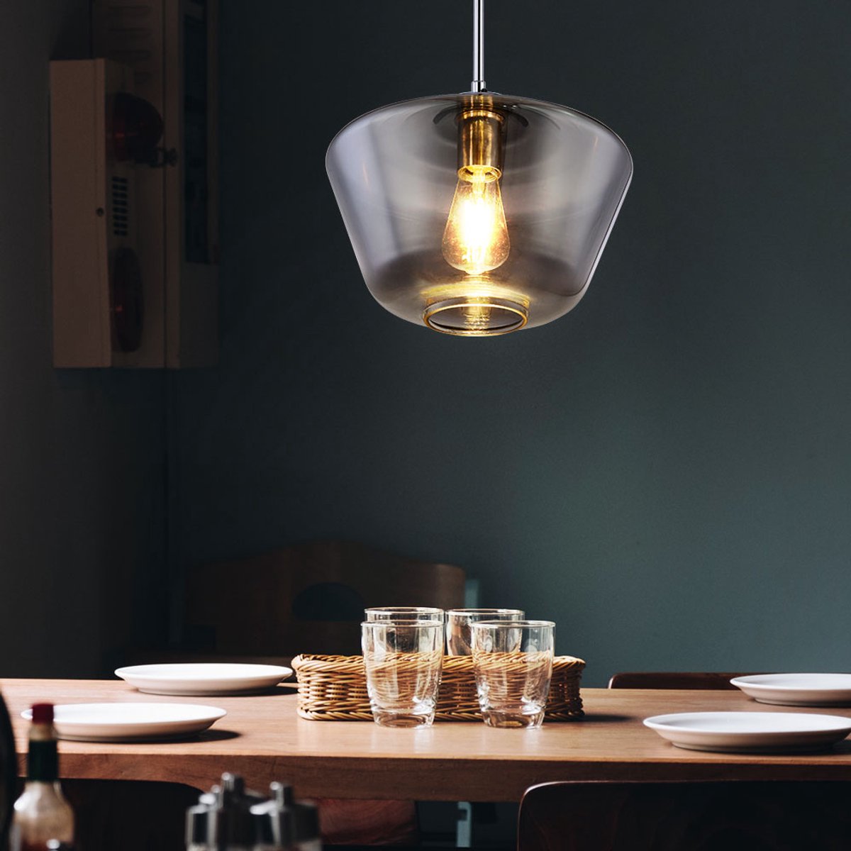 Hanglamp glas rond plafondlamp rookglas grijs Hanglamp enkel vlamglas, in chroom met textielkabel, 1x E27, DxH 30x120 cm