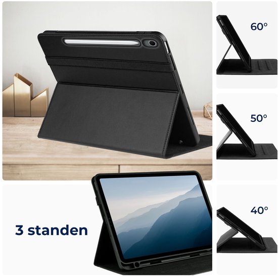 Zwarte tablethoes in staande modus, met instelbare hoeken van 40°, 50° en 60°.