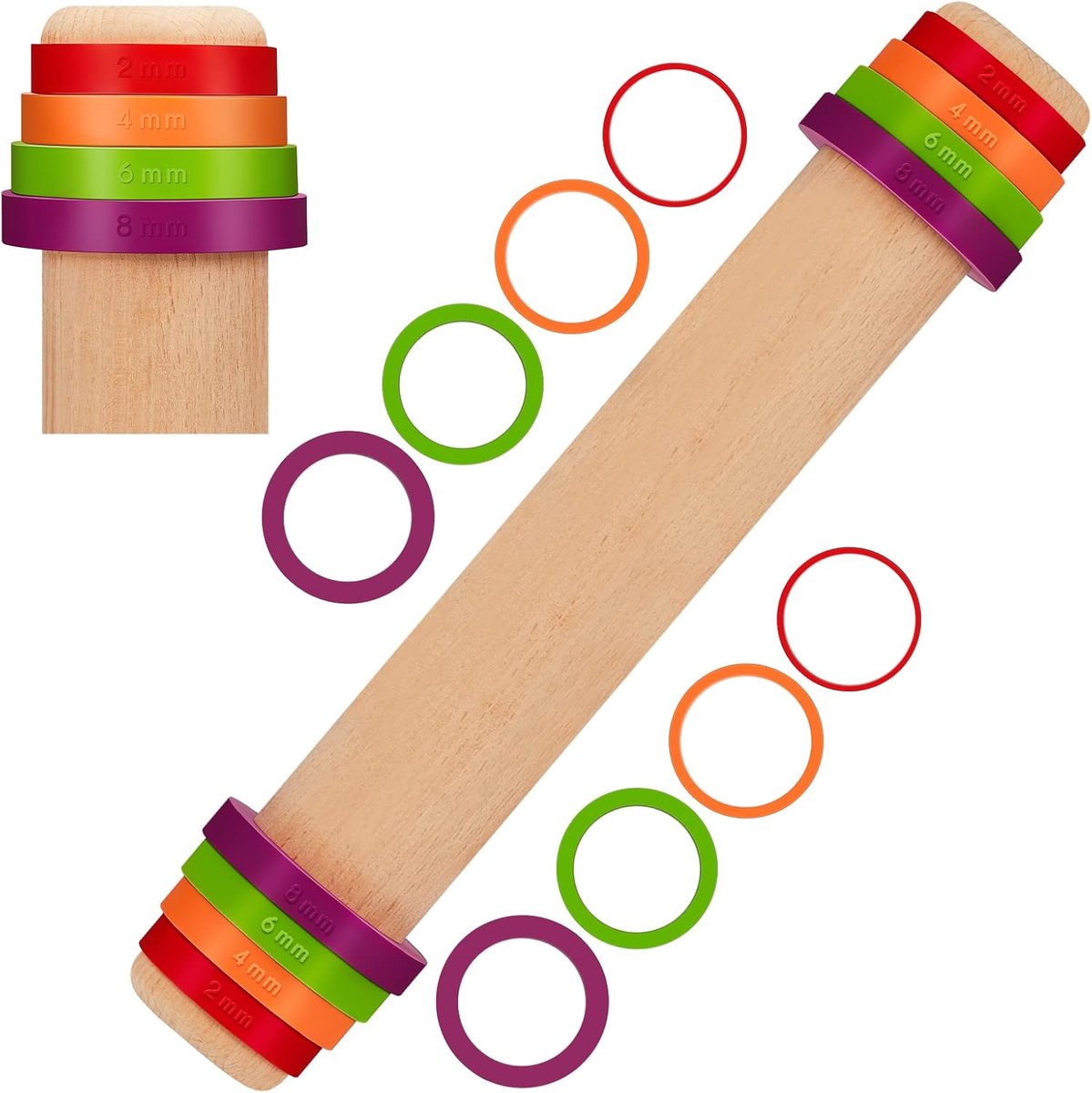 Verstelbare Deegroller - Houten Roller - Bakken Knutselen - Dikte Ringen - 30 cm - Houtkleurig