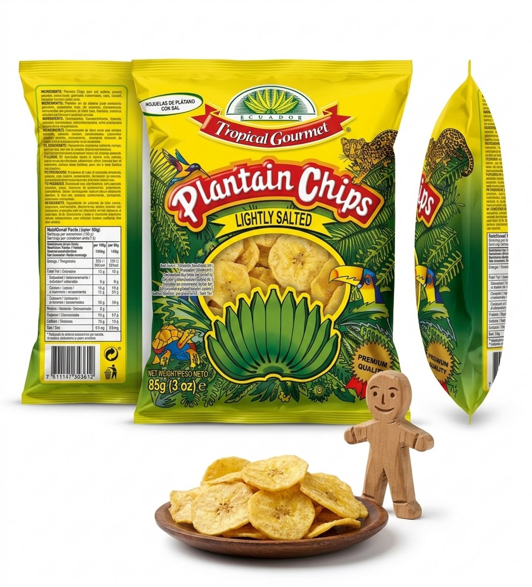 Tropisch Gourmet Bananenchips uit Ecuador - Licht Gezouten - 10 x 85g Voordeelverpakking - Inclusief Handgemaakt Houten Gelukspoppetje - Natuurlijke Snack - Glutenvrij & Vegan - Premium Kwaliteit Met Kajal Sticker