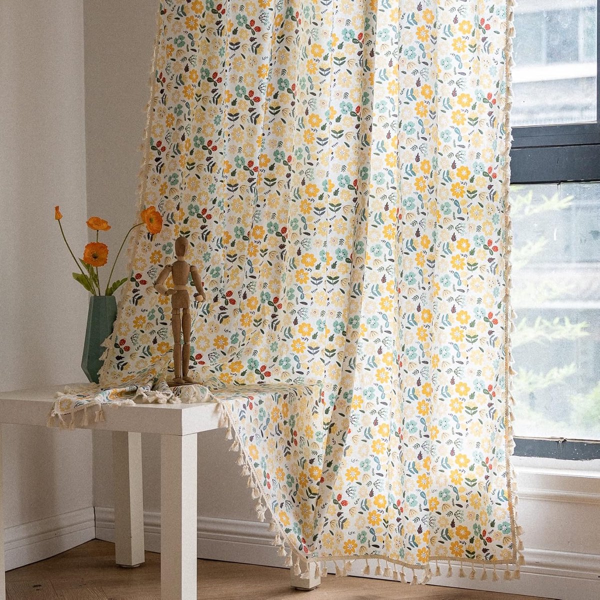 Home Boho Gordijn 1 Paneel 150×200cm – Kleurrijk Bloemenprint – Katoenen Linnen – Handgemaakte Kwasten – Stangzak – Woonkamer Slaapkamer-Belle's product