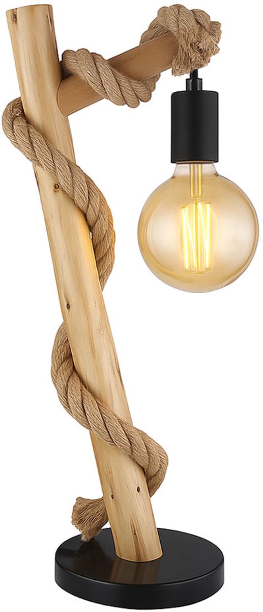 Tafellamp houten lamp bijzetlamp zwart henneptouw landhuis bedlamp rustieke leeslamp, metaal, 1x E27 fitting, LxBxH 19x16,5x53,5 cm