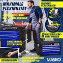 Zwarte gereedschapswagen met blauwe laden, met schuifhandvat en afneembare zijpanelen. 360° wielen met rem.