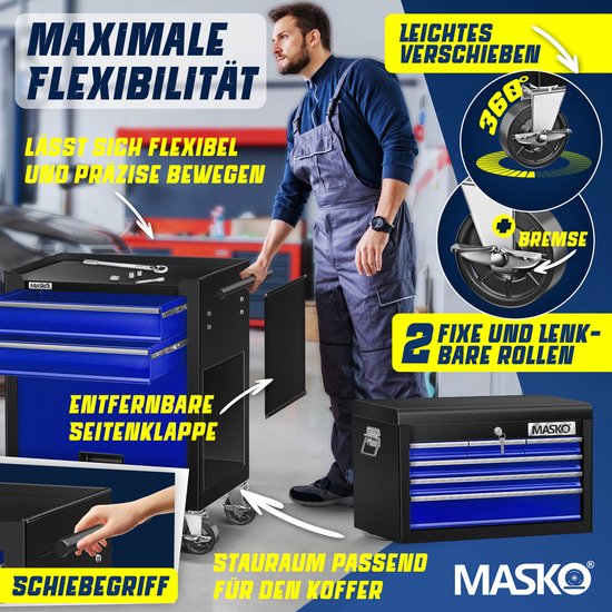 Zwarte gereedschapswagen met blauwe laden, met schuifhandvat en afneembare zijpanelen. 360° wielen met rem.