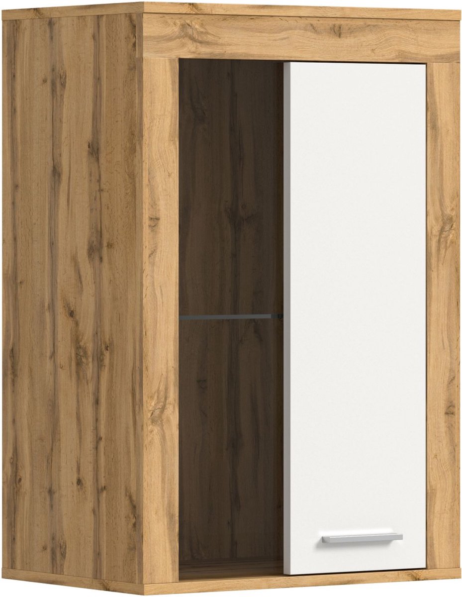 Vitrinekast Jam - 60x35x86cm - 1 Deur - Wotan Eik/wit