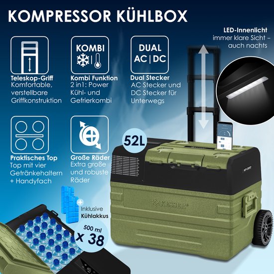 KESSER® Compressor Koelbox Elektrische Frigobox, met APP-bediening USB-aansluiting 12/24 V 230V, +Telescopische stangwielen tot -20 °C - 42L, 52L, Koelbox voor auto, vrachtwagen, boot, camper, camping van KESSER — afbeelding 2