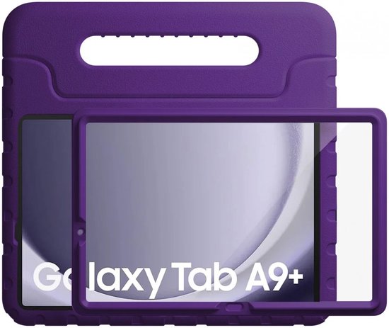Paarse kinder tablethoes met handvat en afneembare voorring voor de Galaxy Tab A9+.