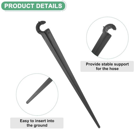 Productdetails van een zwarte druppelslanghouder. Een close-up toont het uiteinde dat gemakkelijk in de grond gaat.