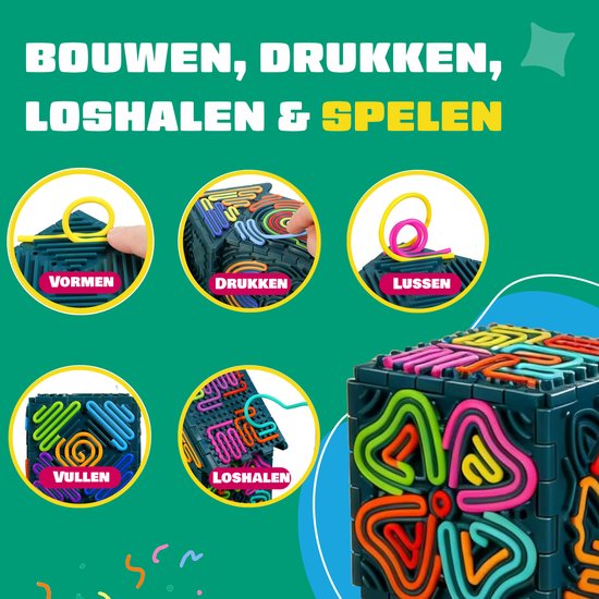 Vijf illustraties die het vormen, drukken, lussen, vullen en loshalen van de fidget kubus tonen.
