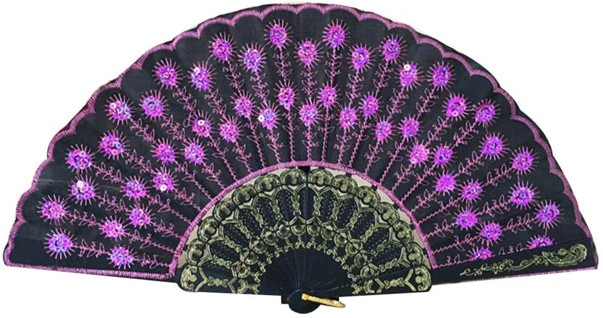 Handwaaier Bloem - Danswaaier Vouwwaaier - Optredens Dansen - Pailletten Decoratie - 43 x 23 cm - Paars