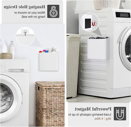Magnetische Fluff Bin voor de Wasruimte, Badkamer en Wasmachine - Wandmontage Opslagcontainer voor Wasmiddel Pods, Drogerballen en Afvalbeheer — afbeelding 2