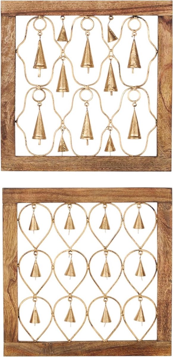 Houten Metalen Bel Decor - Wanddecoratie Set - Woonkamer Aankleden - Twee Diverse Stukken - 16" B x 16" H
