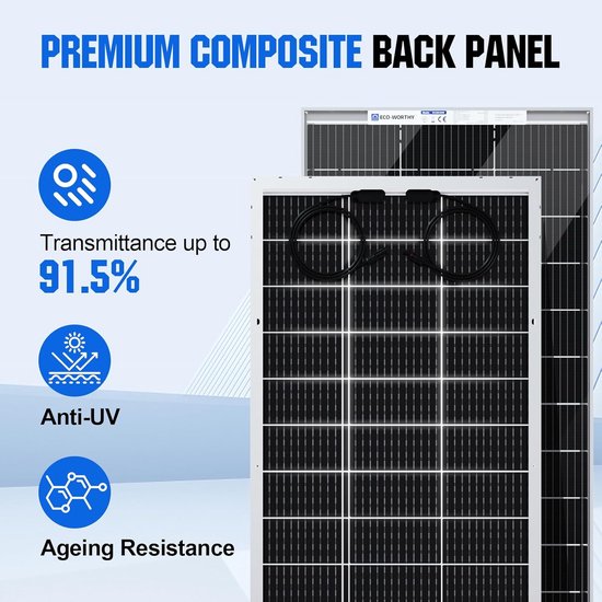 Zonnepanelen met een premium composiet achterpaneel. Transmissie tot 91,5%, anti-UV en verouderingsbestendig.