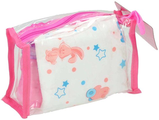 Transparant tasje met roze rits en hengsel, met daarin een witte luier met roze en blauwe stipjes en sterretjes.