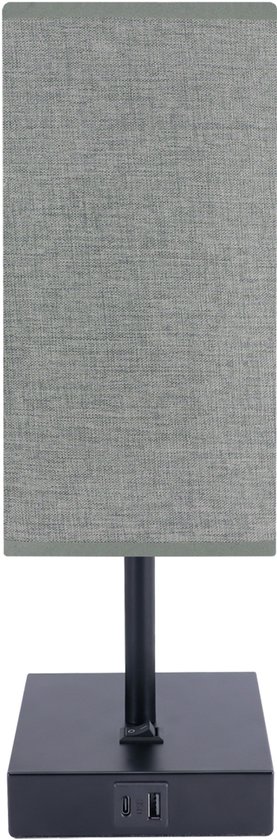 SANTI - Tafellamp - Nachtlamp - Textiel - Grijs/zwart - E14 Fitting - 1 x USB A - 1 x USB C - Rechthoek
