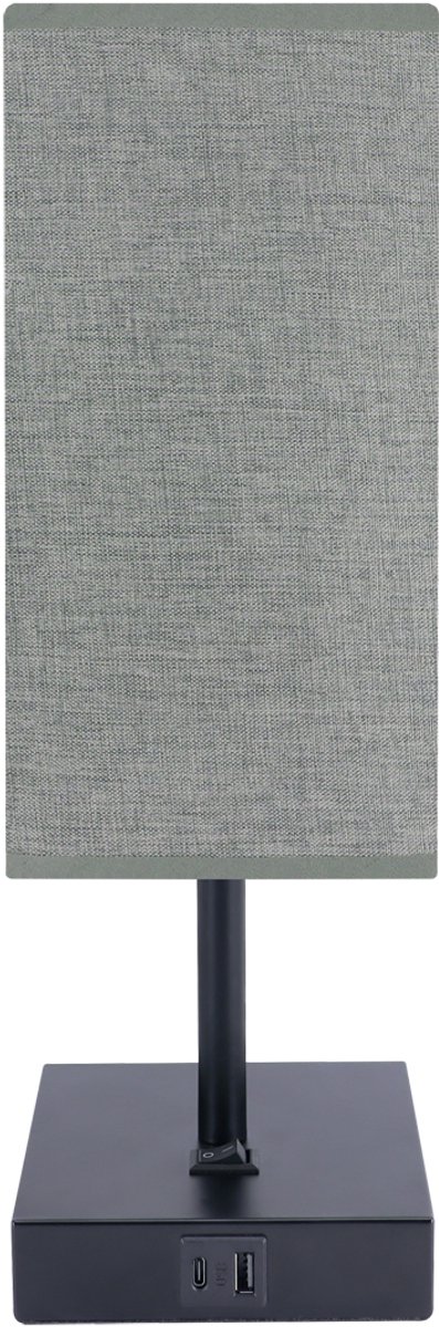SANTI - Tafellamp - Nachtlamp - Textiel - Grijs/zwart - E14 Fitting - 1 x USB A - 1 x USB C - Rechthoek