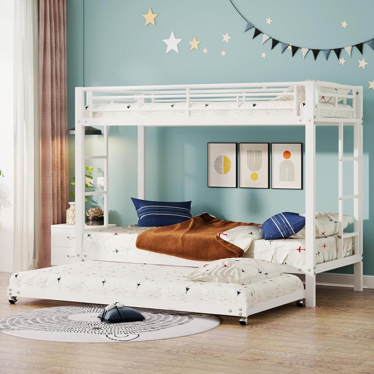 Stapelbed Kinderbed - IJzeren Ledikant - Ruimte Besparen - Met Uitschuifbed - 90x200 cm - Wit