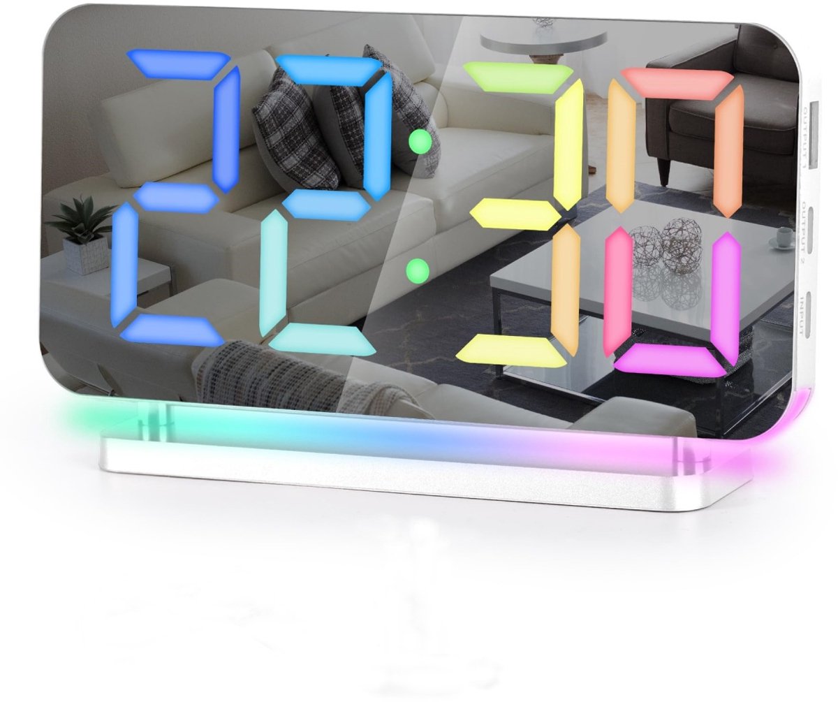 longziming -Digitale Wekker - Grote Display Klok - LED Alarmklok - 7 Inch HD Scherm - Automatische Helderheid - Acryl Spiegelglas - RGB Nachtlicht Functie - Ideaal Voor Slechtzienden - Wit - 1 Stuk