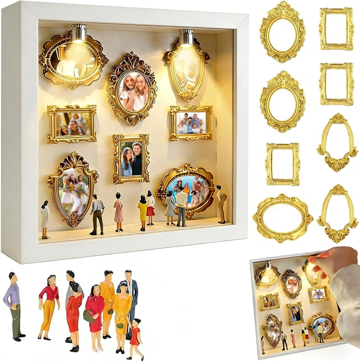 DIY Mini Museum Set - Silhouetten Doos Met Verlichting - 8 Gouden Lijsten En Figuren - Creatief 3D Display - Voor Huwelijk En Jubileum - Wit