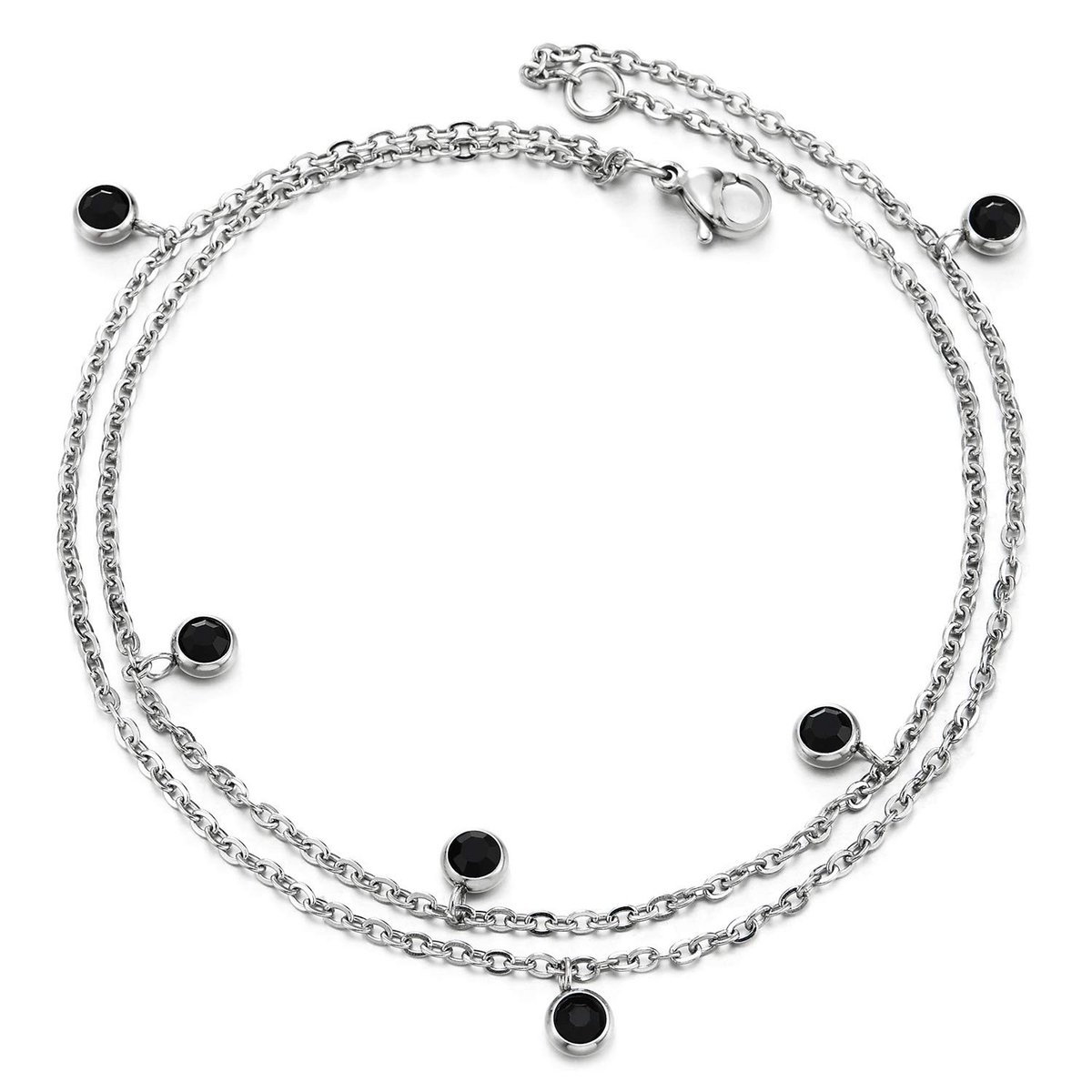 aladdien - Tow-Row enkelband armband - Roestvrij staal - Zwarte Zirkonia - Stijlvol en trendy - Perfect voor dames - 26,5 cm