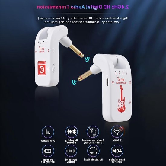 Draadloos Gitaar Systeem met Oplaadbare Zender en Ontvanger voor Elektrische Gitaar, Bas en Blazers - Plug and Play, 48K/16 Bit Geluidskwaliteit — afbeelding 5