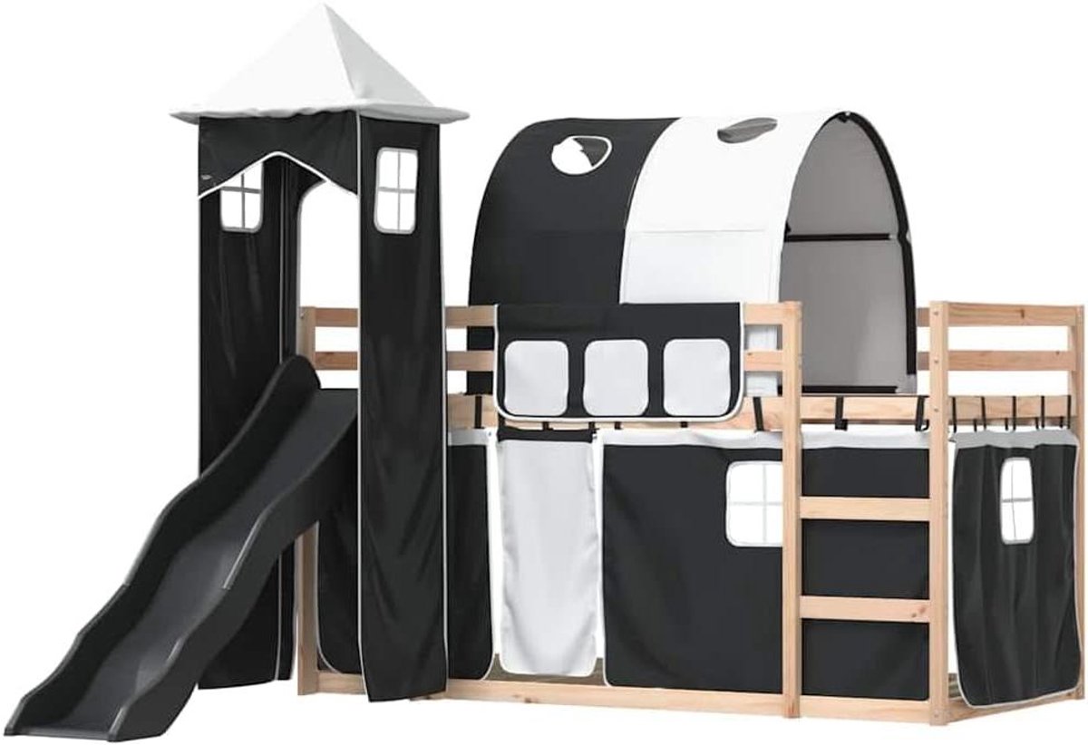 Stapelbed met glijbaan - Kinderbed met tent - Spelen en slapen - Massief grenenhout - 80x200 cm - Wit en zwart