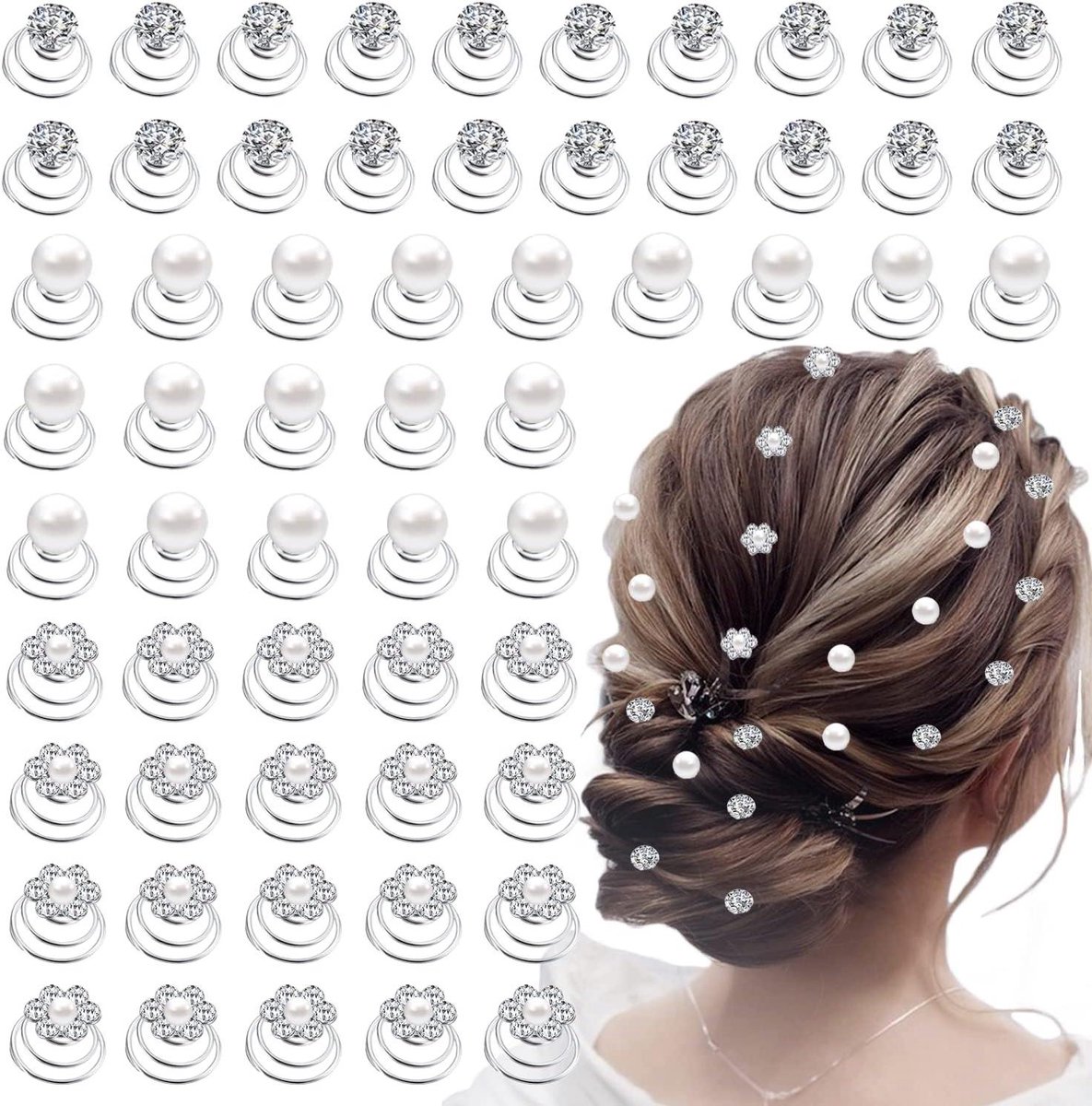Haarspelden Set - Haarspiralen Parels - Bruiloft kapsels - 3 Vormen - 60 stuks - Gekleurd