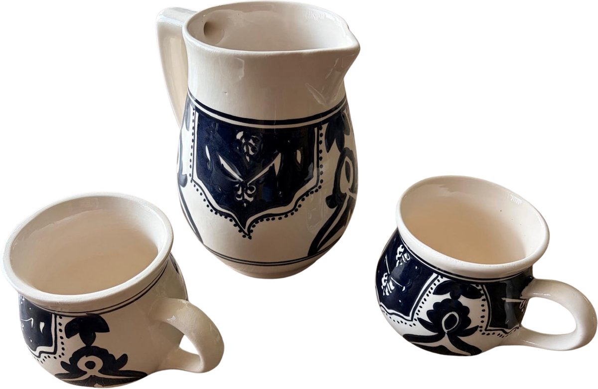 Set waterkan 1 liter & 2 mokken 300 ml Dishes & Deco Mok Black Fond zwart wit - handgemaakt