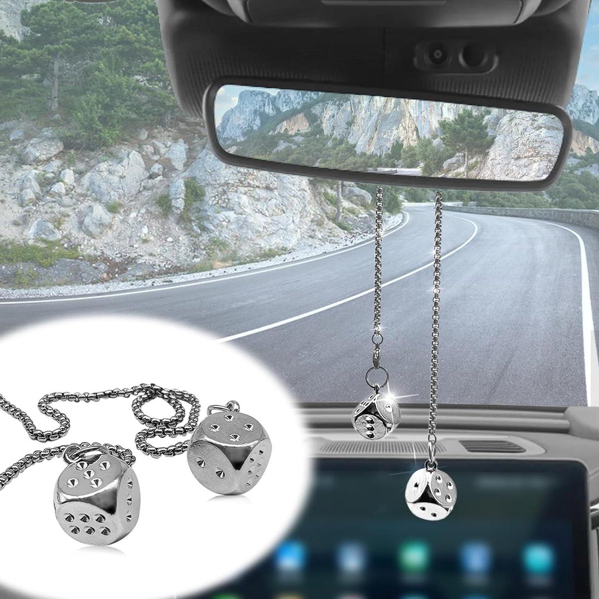 Hangende Dobbelstenen - Auto Hanger - Auto Interieur Decoratie - Verstelbare Kettinglengte - 1.4 cm Dobbelsteen - Zilver