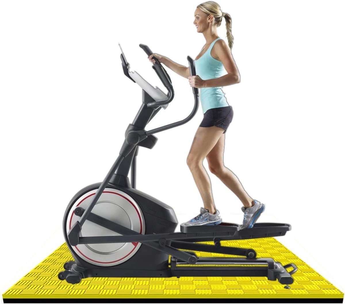 Hometrainer Mat - Vloerbescherming Fitness - Apparatuur Beschermen - Geluidsabsorptie AntiVibratie - 25 x 25 x 2.5 cm - Zwart Geel