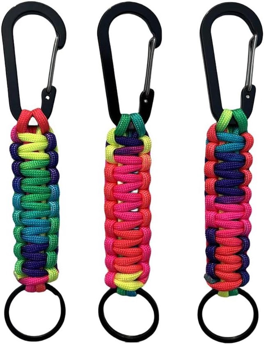 Karabijnhaak set - Sleutelhanger clip - Outdoor avonturen - Met paracord riem - 3 stuks - Zwart