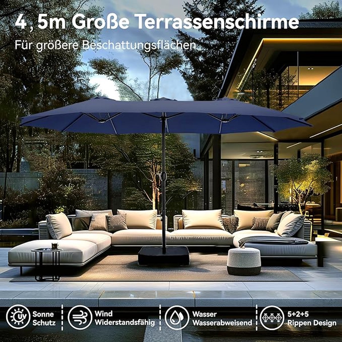Rechthoekige Tuinparasol 270x450 cm XXL met Standaard, Zandzakken & Hoes – Grote Terrasparasol met Crank, UV-Bescherming, Waterdicht & Windbestendig – Nicolehome