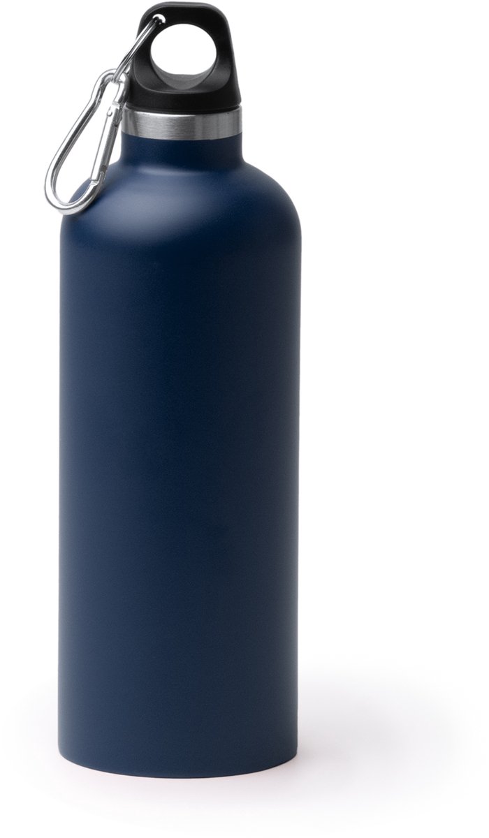 Donker blauwe fles thermo 500 ml Gereycled RVS zonder oor met karabijnhaak