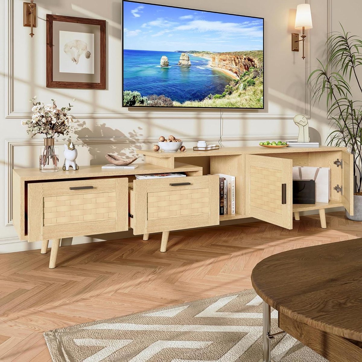 Uittrekbare tv-kast - Mediameubel met opbergruimte - Woonkamer organiseren - Rotan design elementen - 146-180 cm lengte - Houtkleur