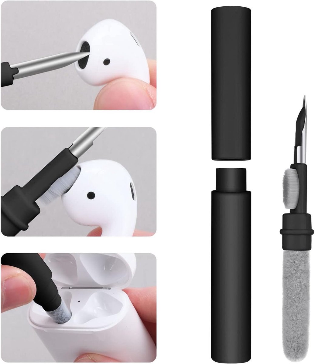 Draadloze Oordopjes Schoonmaakpen, 3-in-1 Reinigingskit voor Oordopjes, Oplaadcase en Toetsenbord, Voor Effectieve Reiniging van Elektronica en Accessoires, Zwart