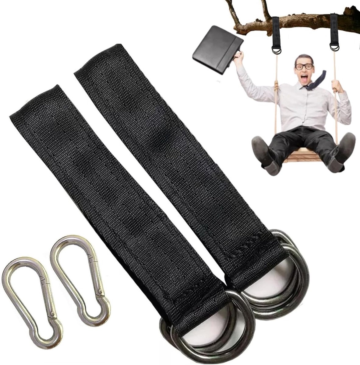 Swing Hanging Kit met 2 Carabiners en D-Ringen, Nylon Ophangband voor Hangmat en Schommel, Ideaal voor Buitenactiviteiten en Tuinontspanning