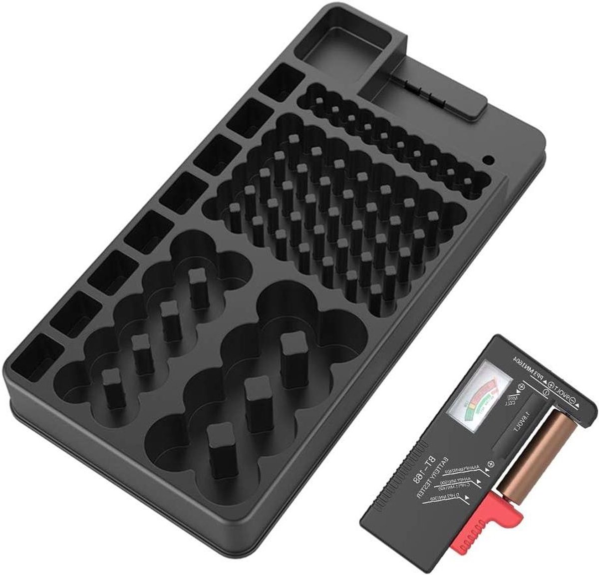 Batterij Opslag Organizer - Batterij Houder Doos - Batterijen Netjes Houden - Met Verwijderbare Tester - 98 Batterijen - Zwart