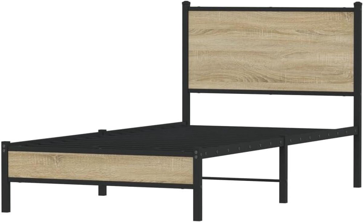 Bedframe met hoofdbord - Ledikant metaal - Slaapkamer inrichten - Stabiel stalen frame - 90x200 cm - Sonoma eiken