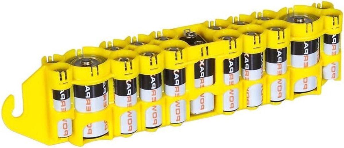 Batterij Caddy - Batterijhouder Opbergdoos - Batterijen Organiseren - Compacte Opslag - 19 Batterijen - Geel