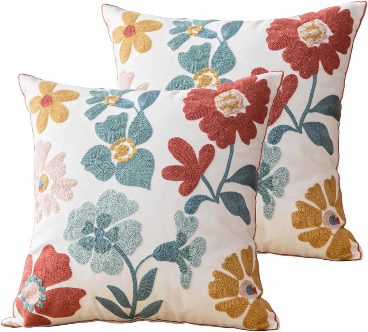 Kussenslopen Set - Decoratieve Kussenhoezen - Woonkamer Decoratie - Geborduurd Bloemendessin - 45 x 45 cm - Wit