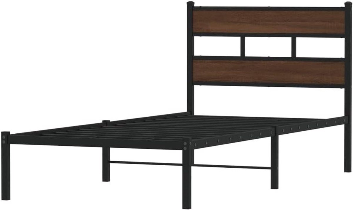 Bedframe met hoofdbord - Ledikant slaapkamer - Slaapkamer inrichten - Robuuste metalen constructie - 75 x 190 cm - Bruin eikenkleur