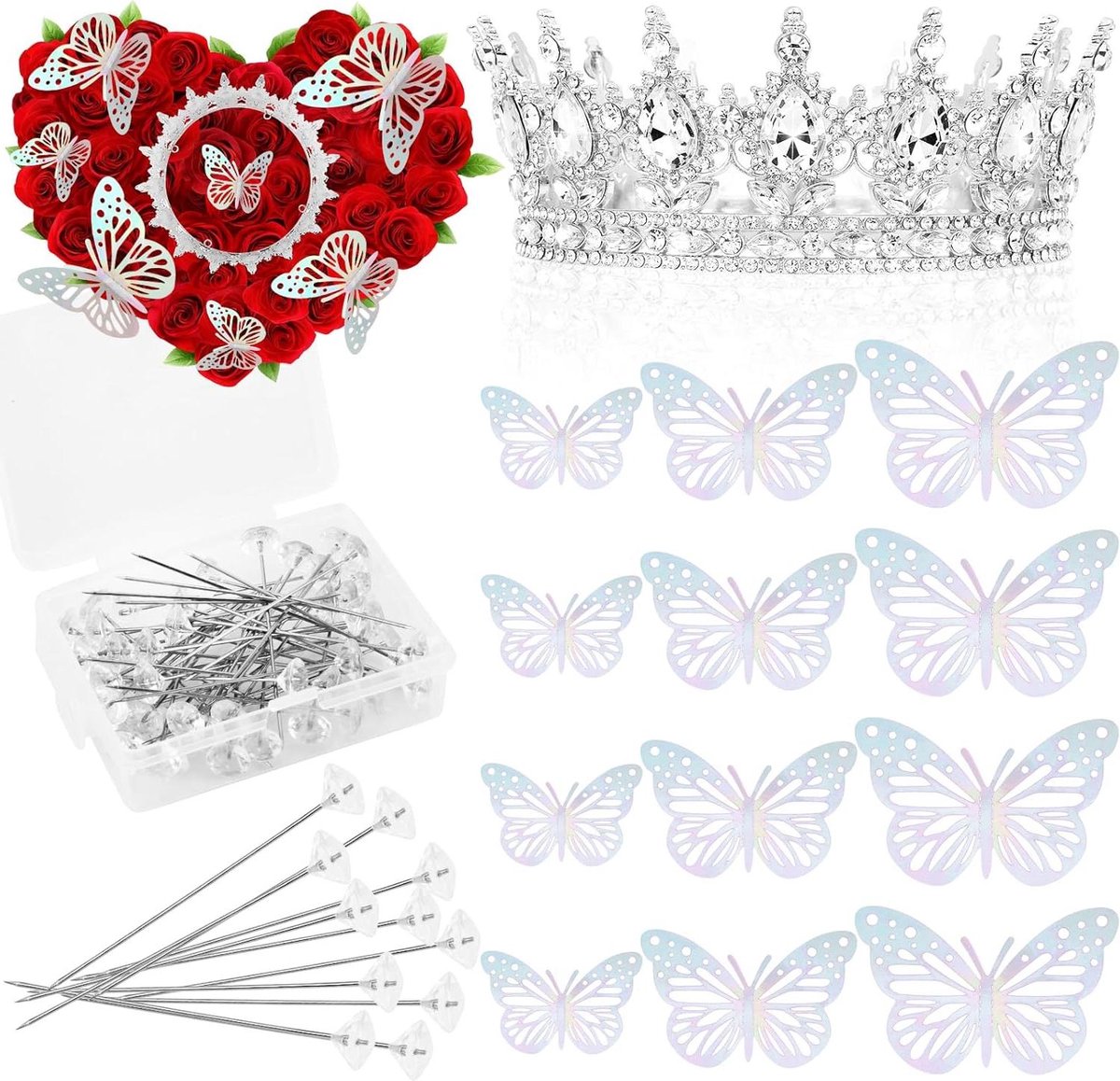 Bloemboeket Kroon - Boeket Decoratie - Bloemen Versieren - Met Vlinder Decoraties - 1 Kroon 12 Vlinders - Zilver