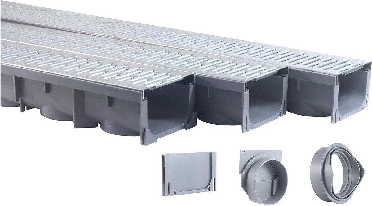 Drainage Trench Set - Afvoerkanaal Systeem - Water Afvoeren - Gegalvaniseerd Stalen Rooster - 117 Inch Totale Lengte - Grijs