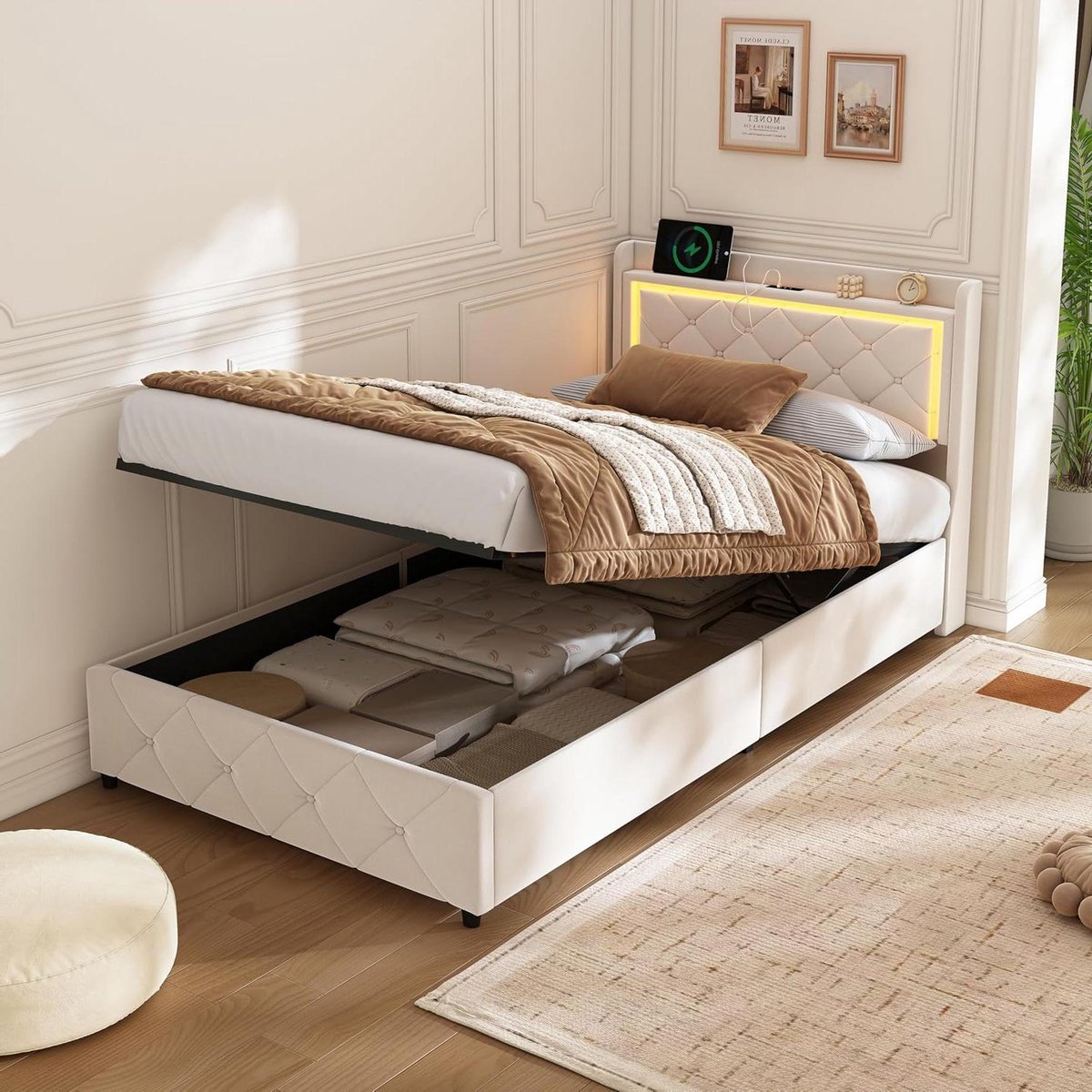 Bedframe met Opbergruimte - Kinderbed Eenpersoonsbed - Ruimte Besparen - Geïntegreerde LED en USB - 90x200 cm - Beige