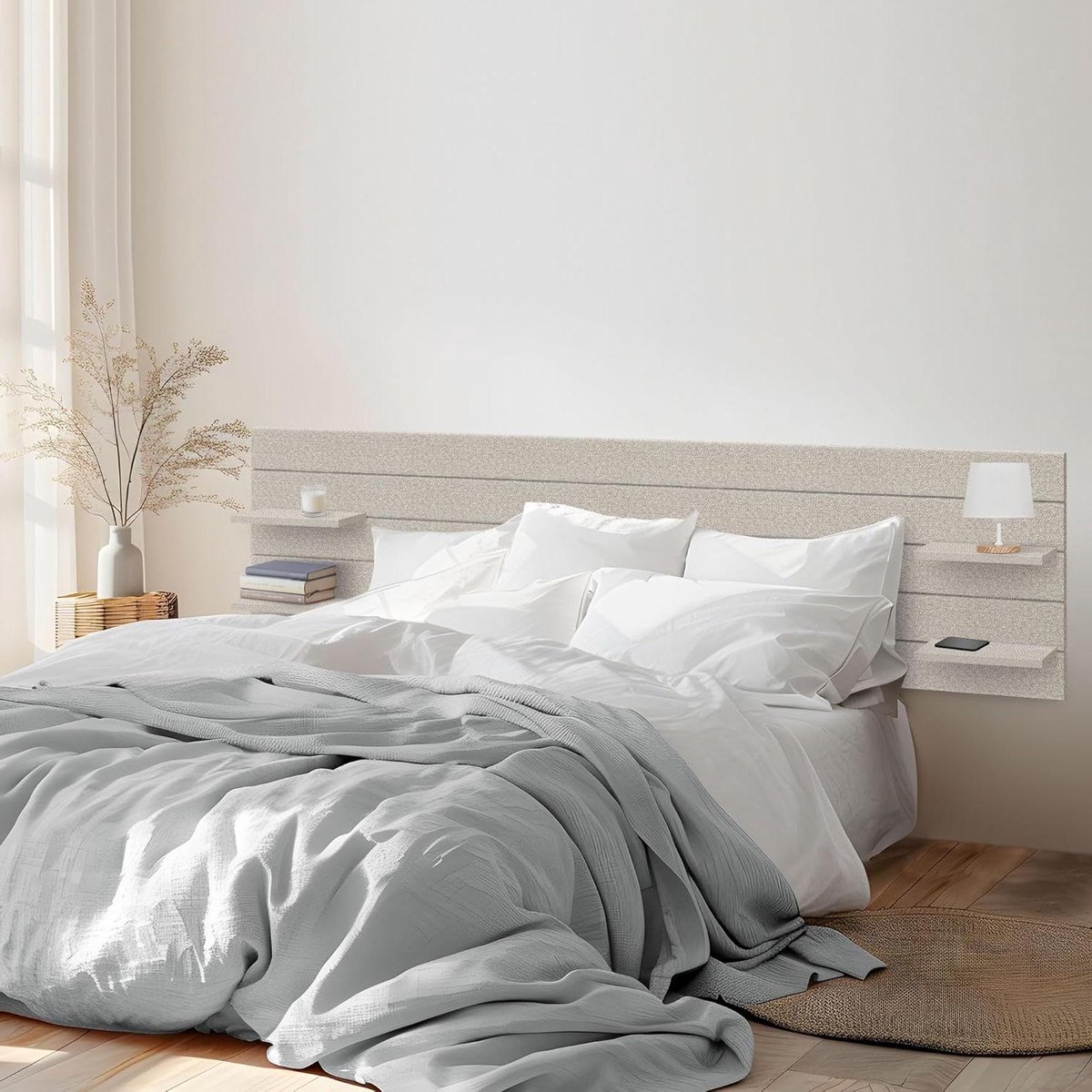 Hoofdbord met Planken - Bedhek Wandmontage - Slaapkamer Decoratie - Gerecycled MDF Hout - 270cm Breed - Beige Spikes