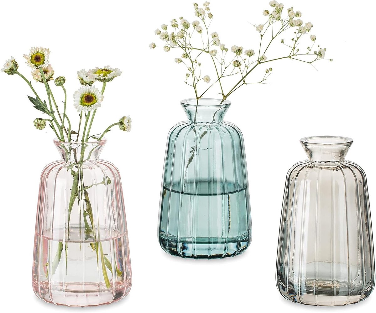 Glazen Vazen Voor Bloemen - Kleine Vaas Voor Tafeldecoratie - 3-Delige Vintage Knopvazen - Gekleurde Geribbelde Minivaasset Voor Kawaii Woonkamer Decor - Slaapkamer Bruiloft Centerpieces Decoratie
