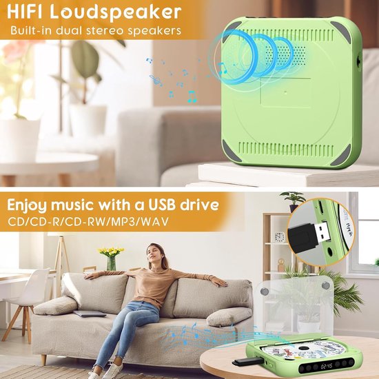 KZQ Draagbare cd-speler - Bluetooth-functionaliteit - Oplaadbaar - Ingebouwde hifi-luidsprekers - Hoofdtelefoonaansluiting - Ondersteunt cd-/AUX-/USB-ingang - Geschikt voor thuis/in de auto - Groen van kzq — afbeelding 3